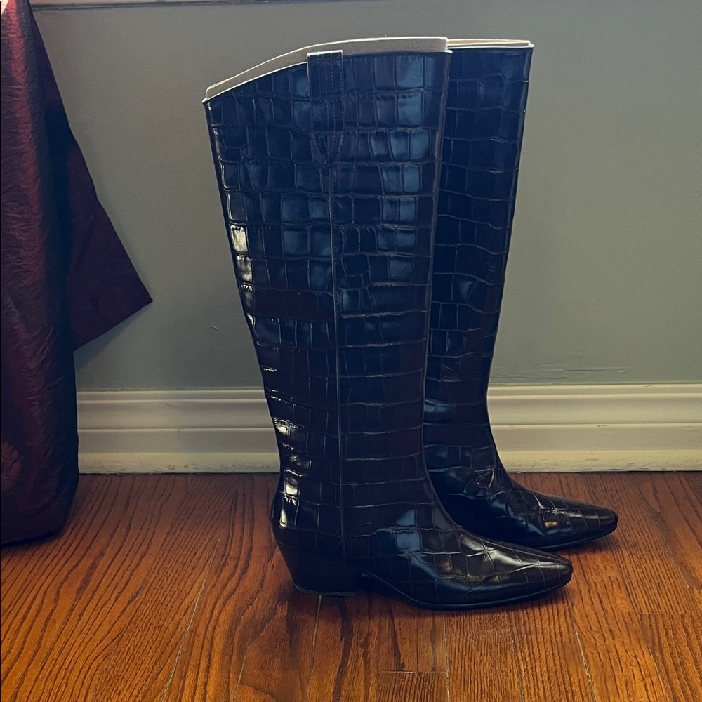 J. Crew Brown Crocodile-Embossed Heeled Boots